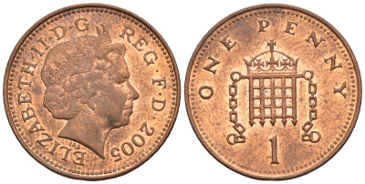 Великобритания 1 пенни 2005 Елизавета II (1952-2022) KM 986, Spink 4710 (B5) сталь плакированная медью 4609-626