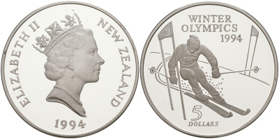 Новая Зеландия 5 долларов 1994 XVII зимние Олимпийские игры 1994 года в Лиллехаммере , слалом KM 96 серебро PROOF 1074-3-61