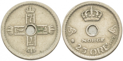 НОРВЕГИЯ 25 ЭРЕ 1929 ХОКОН VII (1905-1957) KM 384 медно-никель VF 3309-761