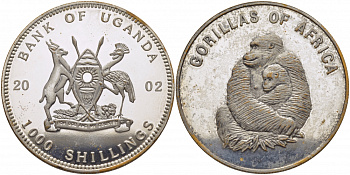 Уганда 1000 шиллингов 2002 гориллы Африки медно-никель, посеребренее PROOF 5010-121