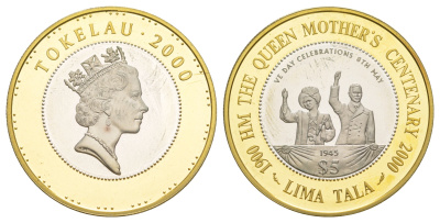 Токелау 5 тала 2000 55 лет Победе, тираж 10.000 экземпляров KM 26 серебро с золотым покрытием PROOF 3896-1011