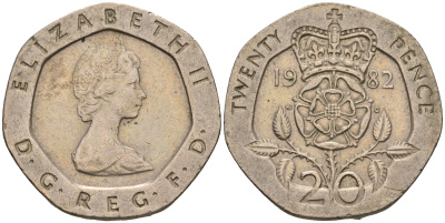Великобритания 20 пенсов 1982 Елизавета II (1952-2022) KM 931, Spink 4230 (G1) медно-никель    4603-1017