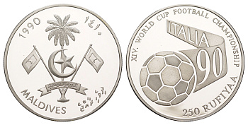 Мальдивские острова 250 руфий 1990 Чемпионат Мира по футболу 1990 KM 82 серебро PROOF 1083-2-61