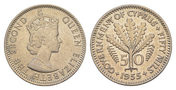 Кипр 50 милей 1955 Елизавета II (1952-2022) KM 36 медно-никель aUNC 4648-1015