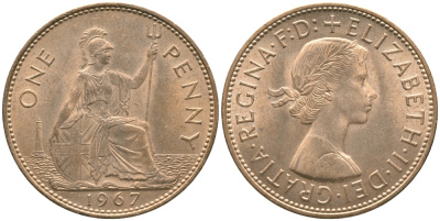 Великобритания 1 пенни 1967 Елизавета II (1952-2022) KM 897, Spink 4157 бронза 32-523
