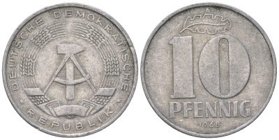 ГДР 10 пфеннигов 1968 A KM 10 алюминий 3459-625
