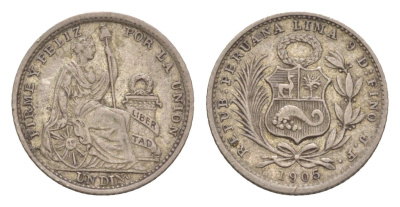 Перу 1 динеро 1905 KM 204 серебро 272-542