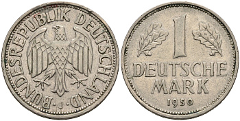 ФРГ 1 марка 1950 J, KM 110, J. 385 медно-никель 4681-1216