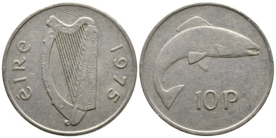 ИРЛАНДИЯ 10 ПЕНСОВ 1975 ЛОСОСЬ KM 23 медно-никель 4110-442