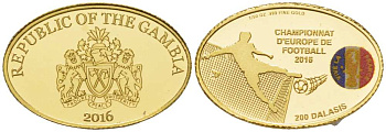 Гамбия 200 даласи 2016 чемпионат Европы по футболу во Франции, овал, эмаль KM NEW золото PROOF 00-809-02