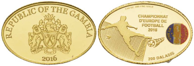 Гамбия 200 даласи 2016 чемпионат Европы по футболу во Франции, овал, эмаль KM NEW золото PROOF 00-809-02