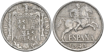 Испания 10 сентимо 1945 Франсиско Франко (1939 - 1975) KM 766 алюминий 4155-236