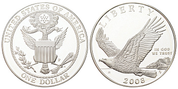 США 1 доллар 2008 P, Белоголовый орлан, оригинальная коробка, сертификат KM 439 серебро 8-2-05-16