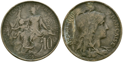 Франция 10 сантимов 1909 тип Дюпюи KM 843, LA FRANC 136.19 бронза 4558-314