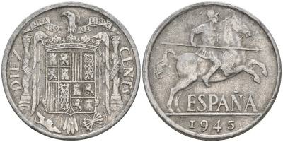 Испания 10 сентимо 1945 Франсиско Франко (1939 - 1975) KM 766 алюминий 4155-236