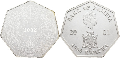 Замбия 4000 квача 2001 календарь, семиугольная KM 175 серебро PROOF 11-167-22