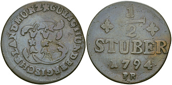 Юлих-Берг 1/2 штюбера 1794 PR KM 206 медь 65-744