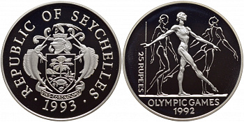 Сейшельские острова 25 рупий 1993 XXV летние олимпийские игры 1992 года в Барселоне, гиманстика, тираж 40000 экз. KM 70 серебро PROOF 01-084-22