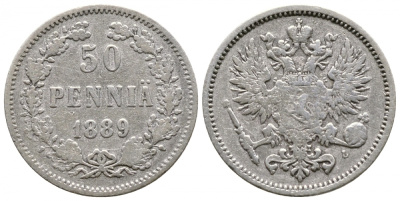 Россия для Финляндии 50 пенни 1889 L, Александр III (1881-1894) KM 2.2, Биткин 233 серебро 413-4042