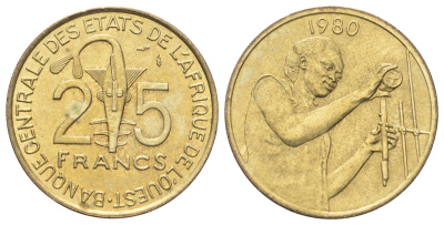 Западная Африка (ВСЕАО) 25 франков 1980 KM 9 алюминиевая бронза 63-423