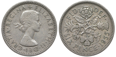 Великобритания 6 пенсов 1955 Елизавета II (1952-2022) KM 903, Spink 4149 медно-никель 4122-614