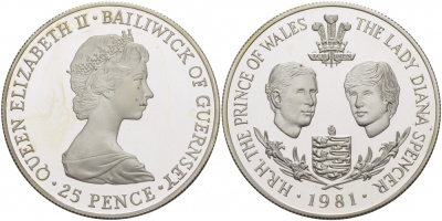 Гернси 25 пенсов 1981 свадьба принца Чарльза Уэльского и леди Дианы KM 36a серебро PROOF 11-176-44