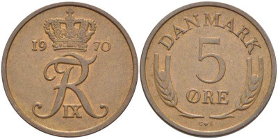 ДАНИЯ 5 ЭРЕ 1970 C; S, ФРЕДЕРИК IX (1947-1972) KM 848.1 бронза 67-857