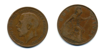 Великобритания 1 пенни 1921 Георг V (1910-1936) KM 810, Spink 4051 бронза 47-536