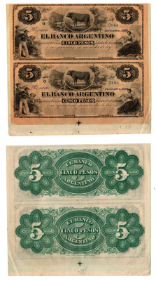 Аргентина, Росарио 5 песо 1866 неразрезанные банкноты. Гаучо, бык, аллегорическая женщина Pick S1526 b бумага 451-1262-1