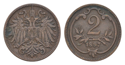 Австрия 2 геллера 1897 Франц Иосиф I (1848-1916) KM 2801 бронза 4639-1012