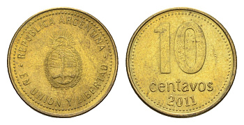 Аргентина 10 сентаво 2011 KM 107a сталь плакированная латунью aUNC 4664-727