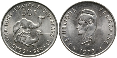 Французские афар и исса 50 франков 1975 KM 18 медно-никель UNC 4538-253