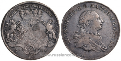Бранденбург-Ансбах 1 талер 1765 Александр I, малый бюст, с орденским крестом внизу KM 269, Dav. 1995 серебро 00-814-55