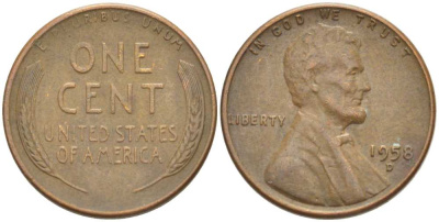 США 1 ЦЕНТ 1958 D, ЛИНКОЛЬН KM А132 медь цинк 218-1046