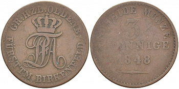 Ольденбург для Биркенфельда 3 пфеннига 1848 KM 8 медь 87-215