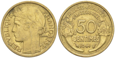 ФРАНЦИЯ 50 САНТИМОВ 1941 ТИП MORLON KM 894.1, LE FRANC 192.18 алюминиевая бронза 44-558