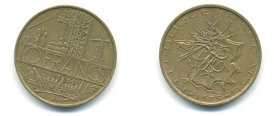 Франция 10 франков 1975 тип Матье KM 940, Le Franc 365.5-6 никель латунь 89-1414