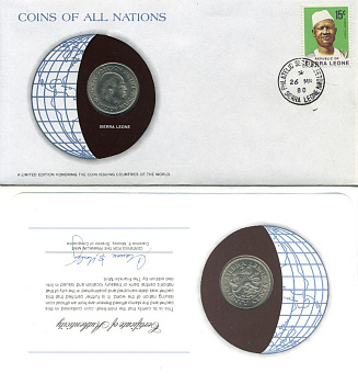 Сьерра-Леоне 20 центов 1964 Милтон Маргай, конверт с маркой первого дня гашения, Coins of Nations KM 20 медно-никель UNC 4294-11-3