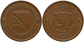 Босния и Герцеговина 20 фенингов 2008 KM 116 сталь плакированная медью 4551-842