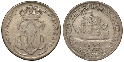 Датская Вестиндия 12 скиллингов 1740 KM 4 серебро 02-205-14