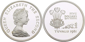 Тувалу 5 долларов 1981 королевская свадьба принца Чарльза и леди Дианы KM 12а серебро PROOF 1085-6-14