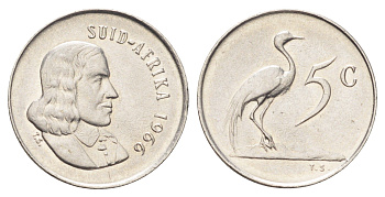 ЮАР 5 центов 1966 Ян ван Рибек (1619-1677), Suid Africa, легенда на африкаанс, райский журавль KM 67.2 медно-никель 4696-952