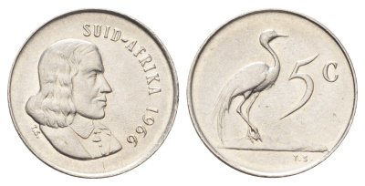 ЮАР 5 центов 1966 Ян ван Рибек (1619-1677), Suid Africa, легенда на африкаанс, райский журавль KM 67.2 медно-никель 4696-952