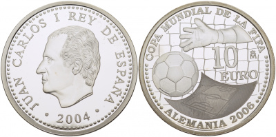 Испания 10 евро 2004 чемпионат мира по футболу в Германии 2006 года KM 1102 серебро PROOF 1077-4-51