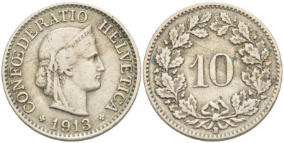 ШВЕЙЦАРИЯ 10 РАППЕНОВ 1913 В KM 27 медно-никель 4541-422