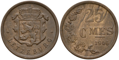 Люксембург 25 сантимов 1946 Шарлотта (1918-1964) KM 45 бронза 4597-1137