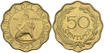 Парагвай 50 сентимо 1953 лев, фригийский колпак на шесте KM 28 алюминиевая бронза  aUNC  4176-814