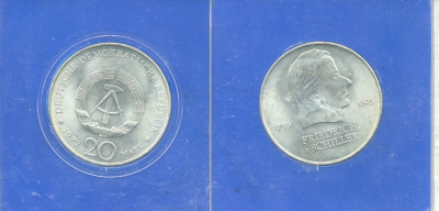 ГДР 20 марок 1972 А, Фридрих Шиллер (1759-1805) KM 40 медно-никель UNC 1-4-4-25