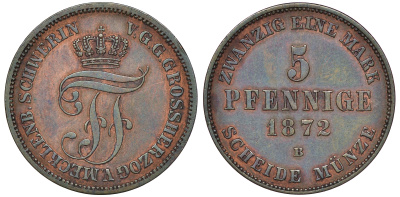 Мекленбург-Стрелиц 5 пфеннигов 1872 B, Фридрих Франц II (1842-1883) KM 103 медь 1523-915