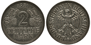 ФРГ 2 марки 1951 F J 386, KM 111 медно-никель плакированный никелем 3711-541